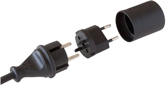 Adapter Fix schwarz DE auf CH 230V 2-polig T11 auf Schuko-Stecker mit Buchse - Anwendungsbild