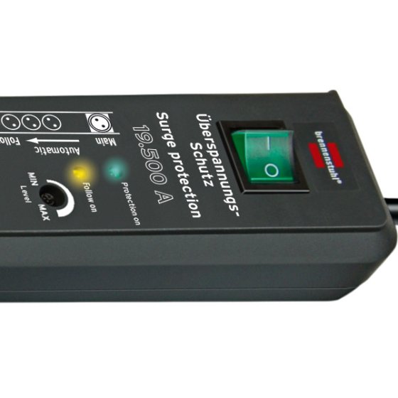 Secure-Tec 19.500A Überspannungsschutz-Automatiksteckdosenleiste 6-fach anthrazit 3m H05VV-F 3G1,5 1xMain 5xFollow - Produktansicht