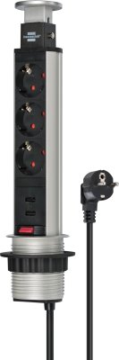 Tower Power USB-Charger Tischsteckdosenleiste 3-fach mit 2 USB Ladebuchsen 2m H05VV-F 3G1,5, in Tischplatte versenkbar