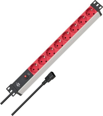 Alu-Line 19" Steckdosenleiste für Schaltschränke mit 10A Sicherungsautomat und Kaltgerätestecker IEC C14 8-fach silber/rot 2m H05VV-F 3G1,0