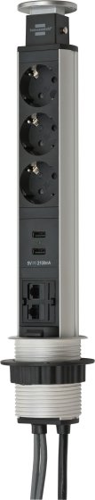 Tower Power USB-Charger und LAN Tischsteckdosenleiste 3-fach 2xLAN-RJ45, 2xUSB, 2m H05VV-F 3G1,5 silber/schwarz - Produktbild