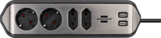 brennenstuhl®estilo Ecksteckdosenleiste mit USB-Ladefunktion 4-fach 2x Schutzkontakt & 2x Euro silber/schwarz - Produktansicht