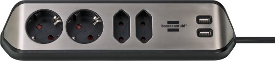 brennenstuhl®estilo Ecksteckdosenleiste mit USB-Ladefunktion 4-fach 2x Schutzkontakt & 2x Euro silber/schwarz - Produktbild