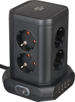 Steckdosenturm 8-fach mit 4x USB schwarz 2m H05VV-F3G1.5