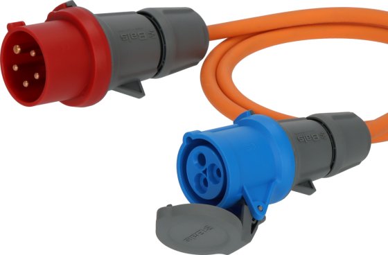 Camping-/Maritim Adapterkabel IP44 1,5m orange H07RN-F 3G2,5 CEE-Stecker 400V/16A, CEE-Kupplung 230V/16A - Produktansicht